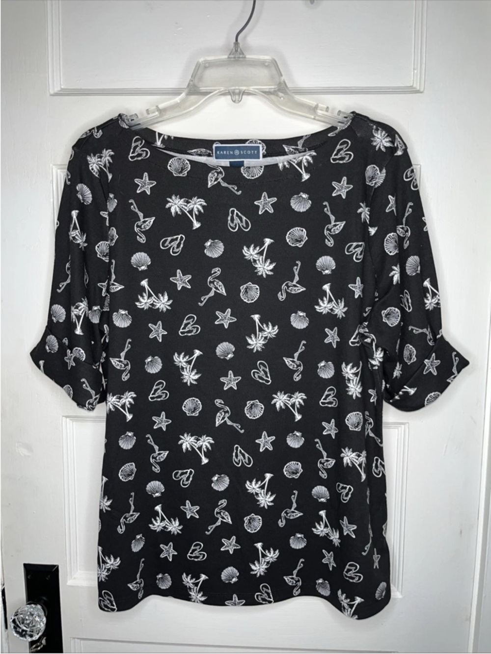 Karen Scott Black Top with White Coastal Motif